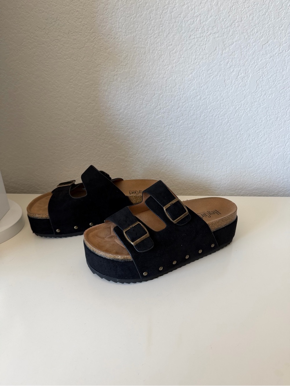 Hey Girl by Corkys Black Platform Sandals Double Buckle Slides Size 11